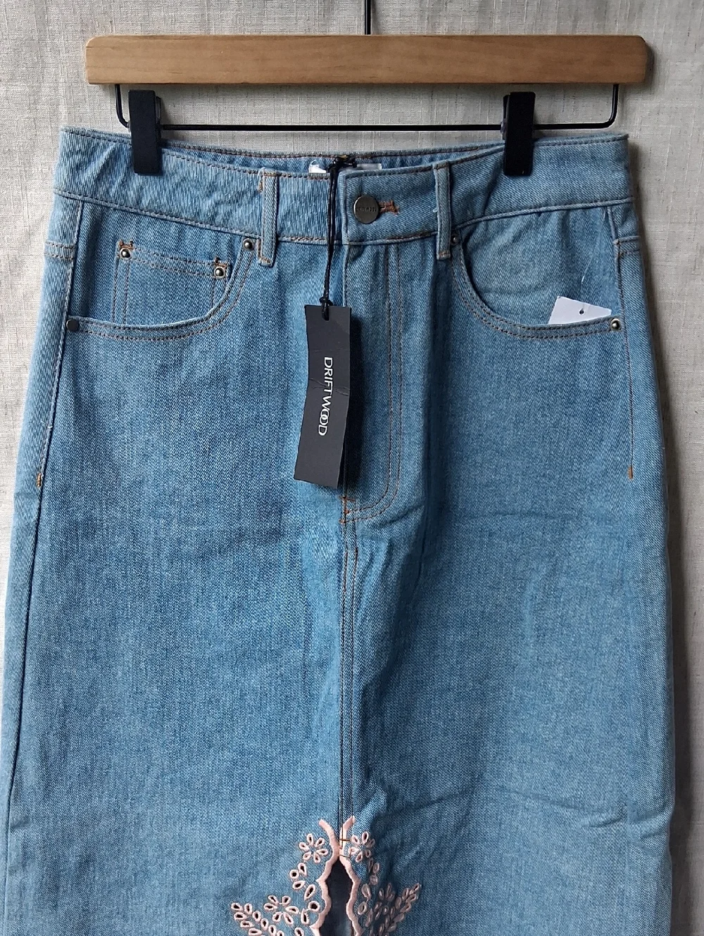 DRIFTWOOD Serena Denim Maxi Embroidery Skirt Blue Pink 27